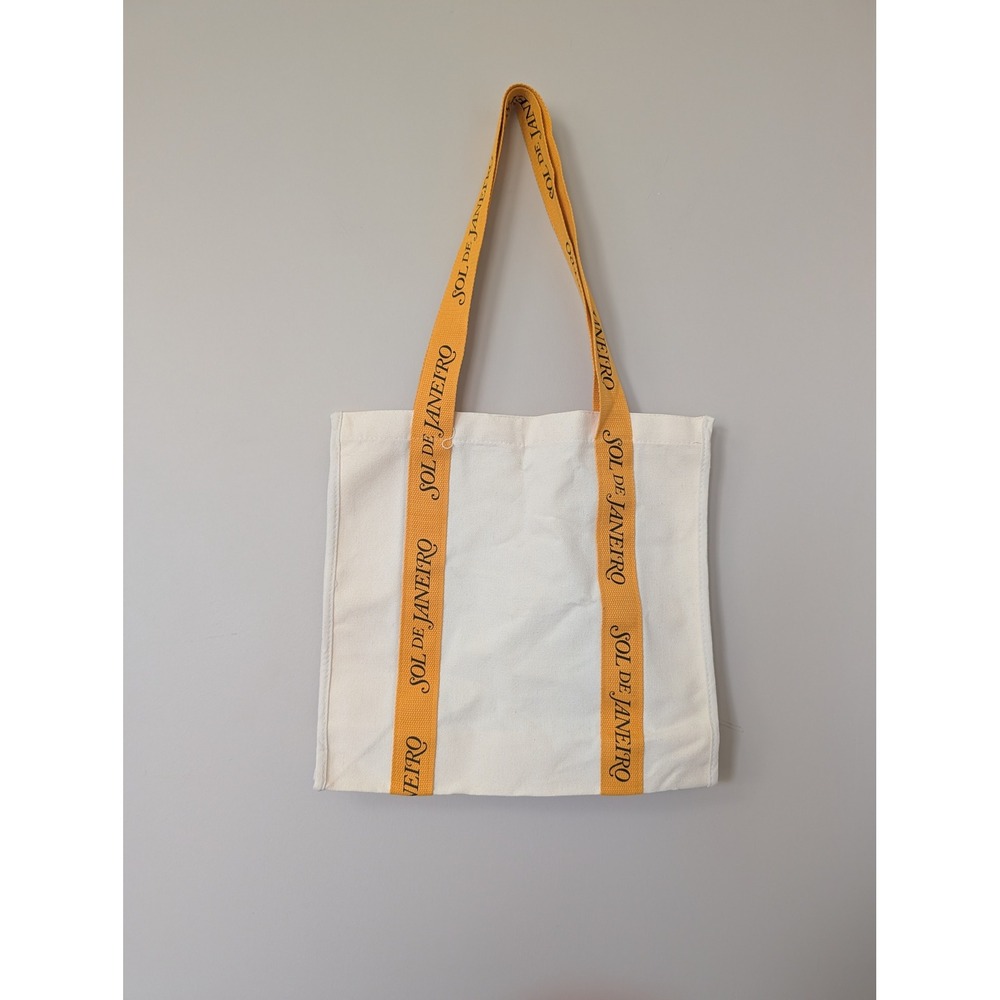 Sol de Janeiro Canvas Tote Bag Cream Yellow‎ Logo Straps Beach Gym Carryall